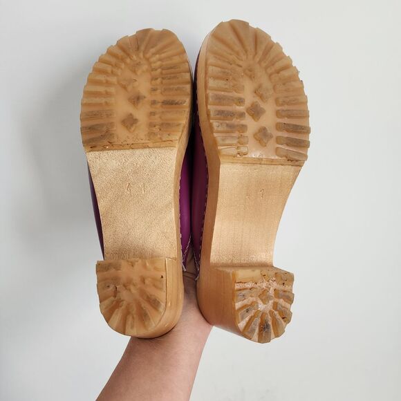 Handmade in Europe Purple Leather Wooden Clogs Mules Platform Shoes Size 41 - Picture 6 of 7